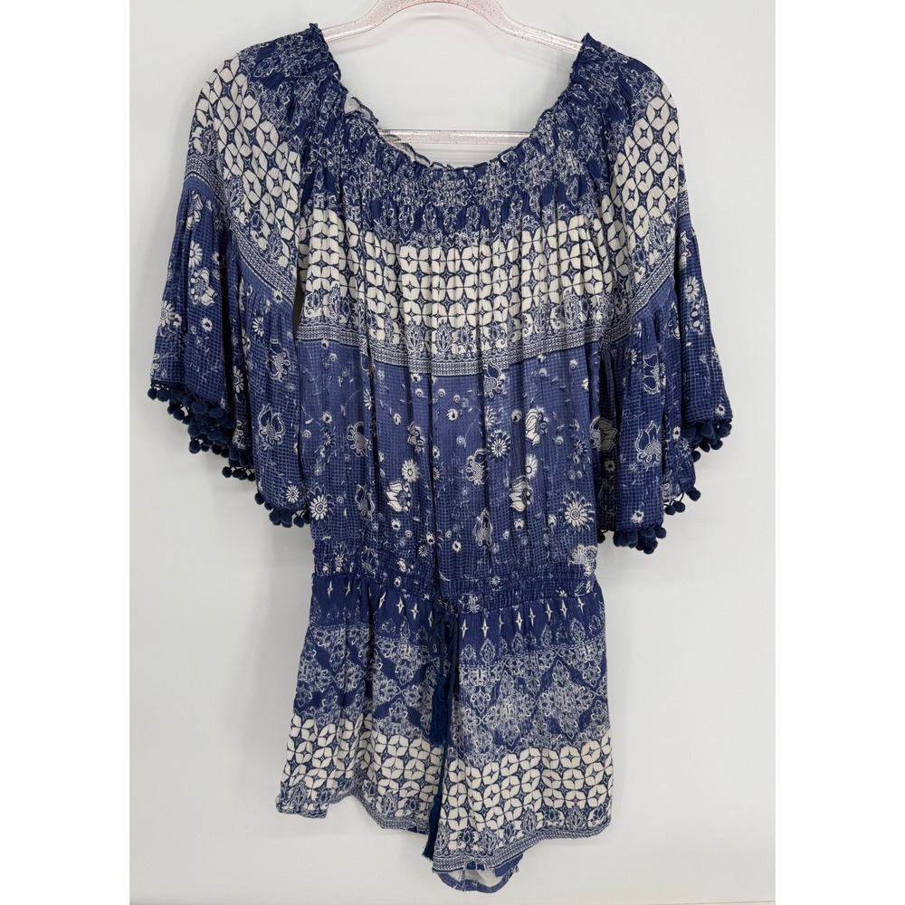 Raga Womens Blue White Batik‎ Print Smocked Off Shoulder Pom Pom Romper Sz S